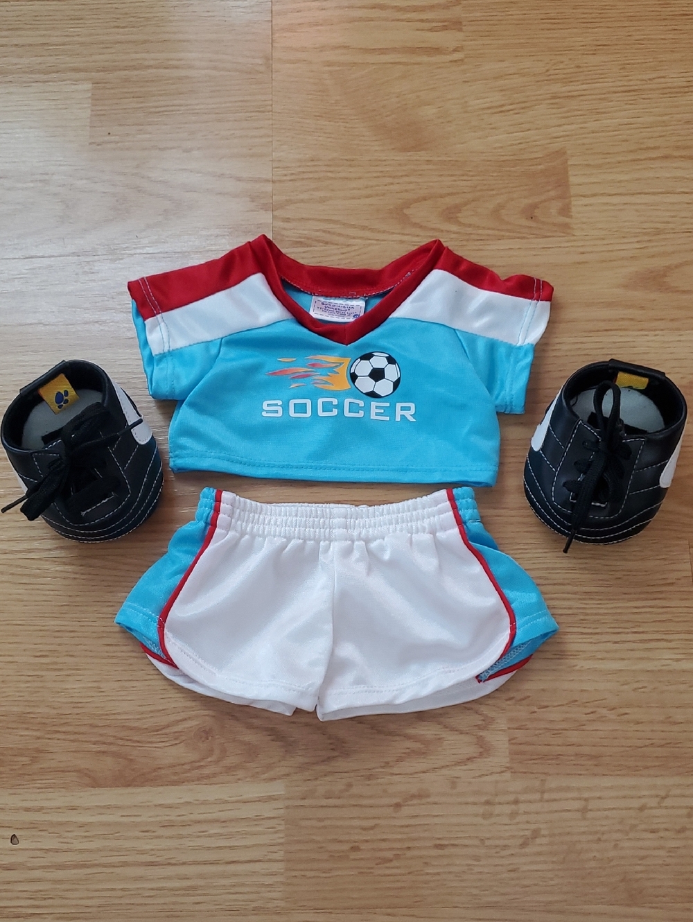 Build-A-Bear Red & Turquoise Soccer Jersey, Shorts & Cleats Set Outfit Only